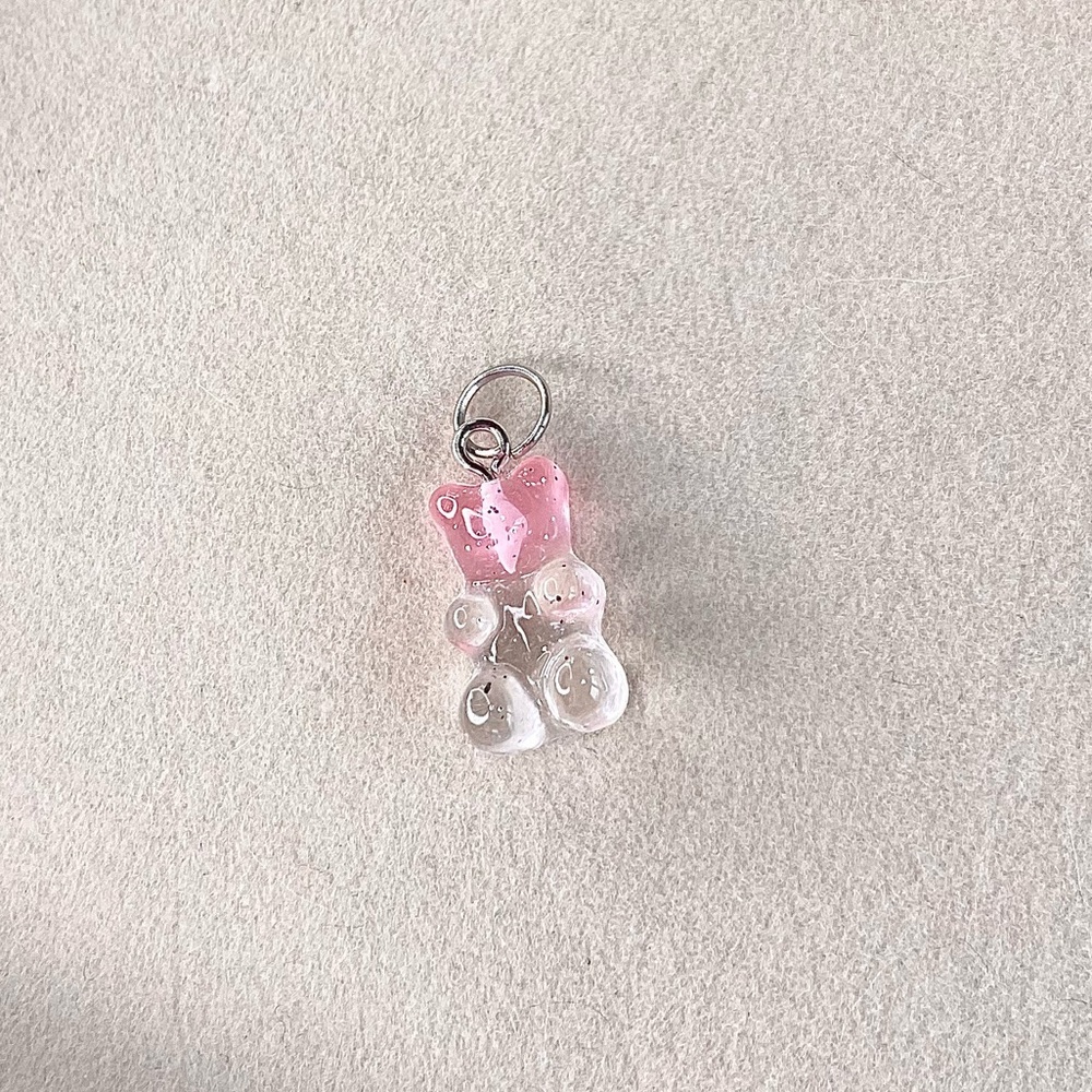 Strawberry Cream Glitter Gummy Bear Charm – Pink & Clear Candy Bear Pendant